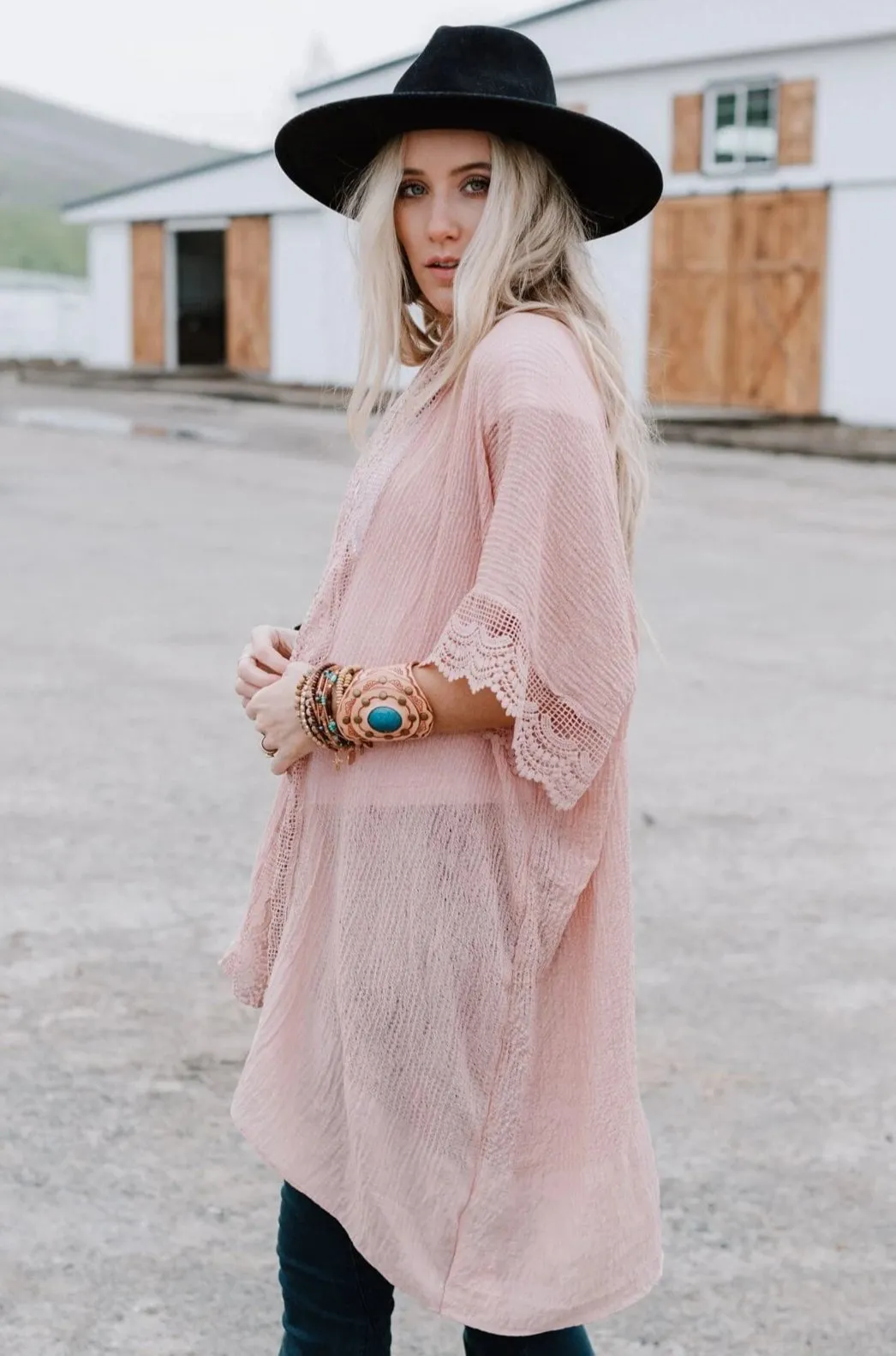 Marie Lace Trim Kimono - Pink