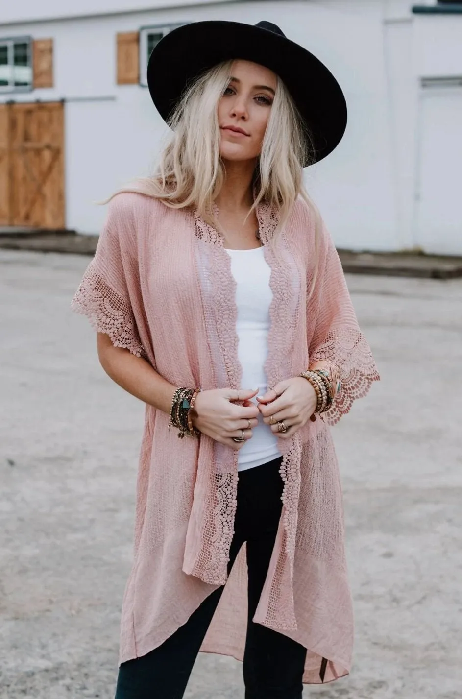 Marie Lace Trim Kimono - Pink