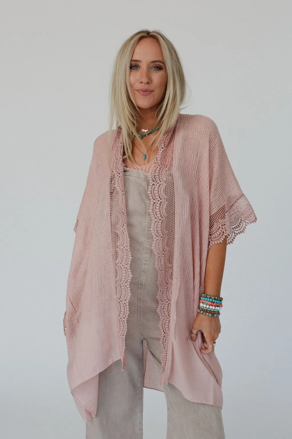 Marie Lace Trim Kimono - Pink