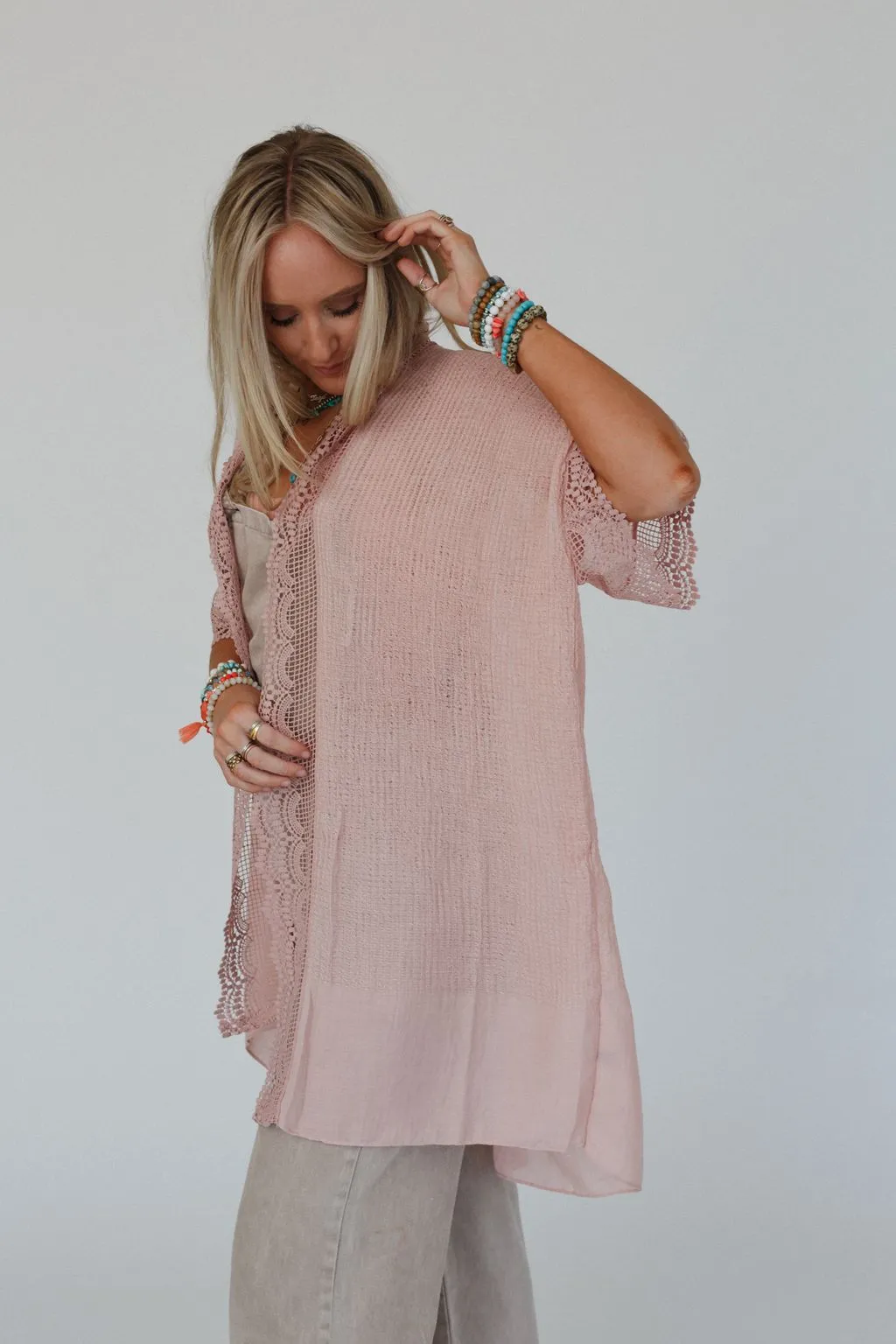 Marie Lace Trim Kimono - Pink