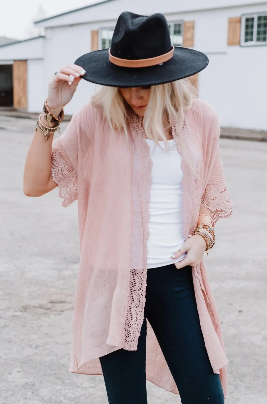 Marie Lace Trim Kimono - Pink