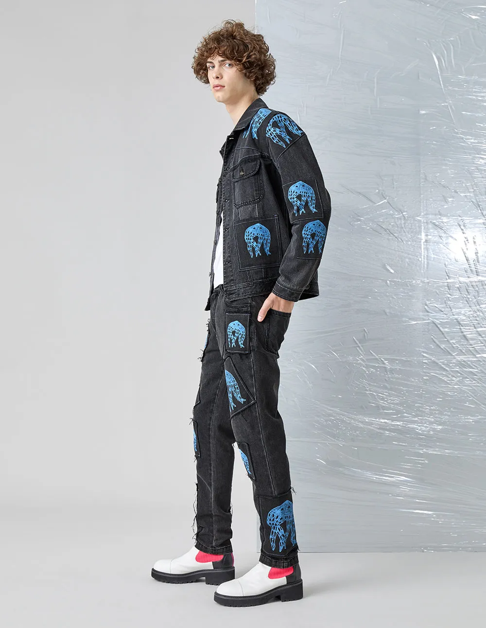 MARK FAST MEN PRINTED PATCH DENIM JACKET