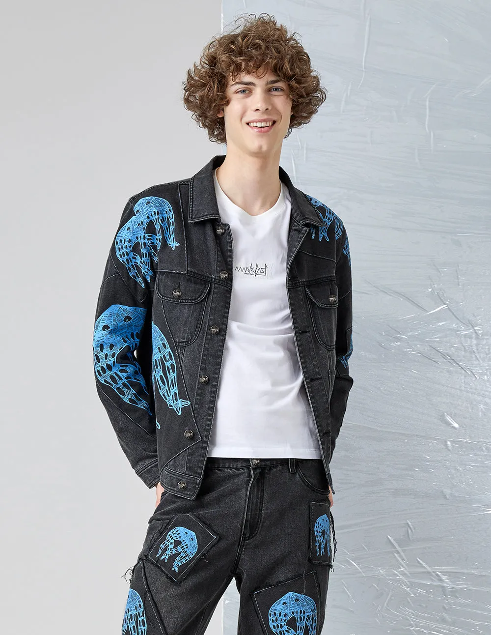 MARK FAST MEN PRINTED PATCH DENIM JACKET