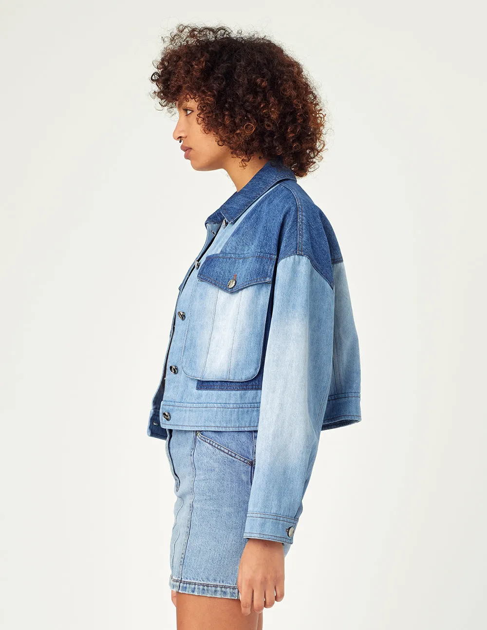 MARK FAST Women Cropped Washed Colour Block Denim Jacket