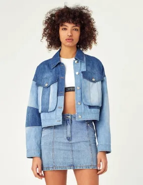 MARK FAST Women Cropped Washed Colour Block Denim Jacket