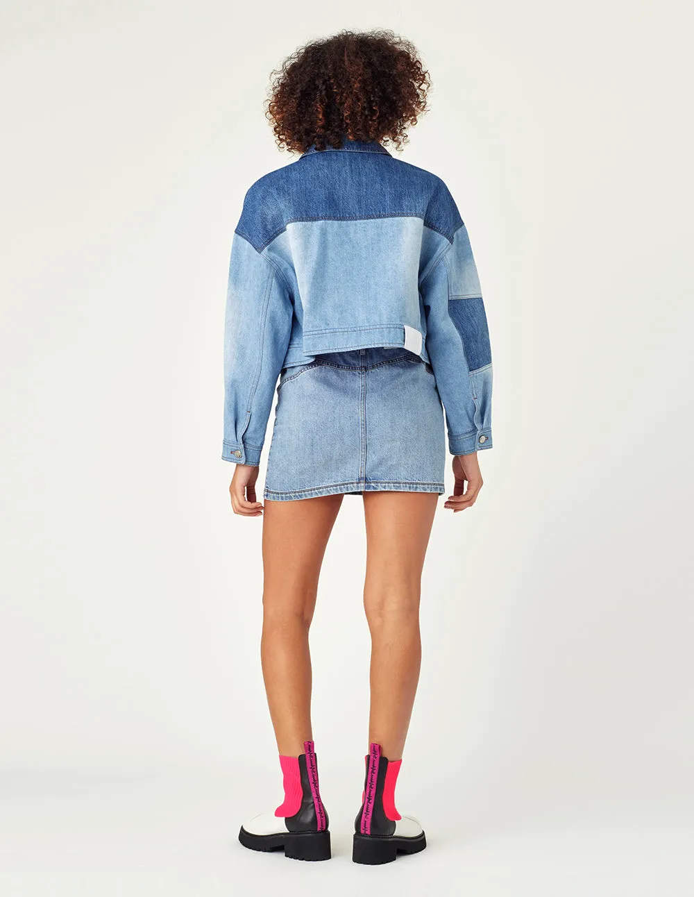 MARK FAST Women Cropped Washed Colour Block Denim Jacket