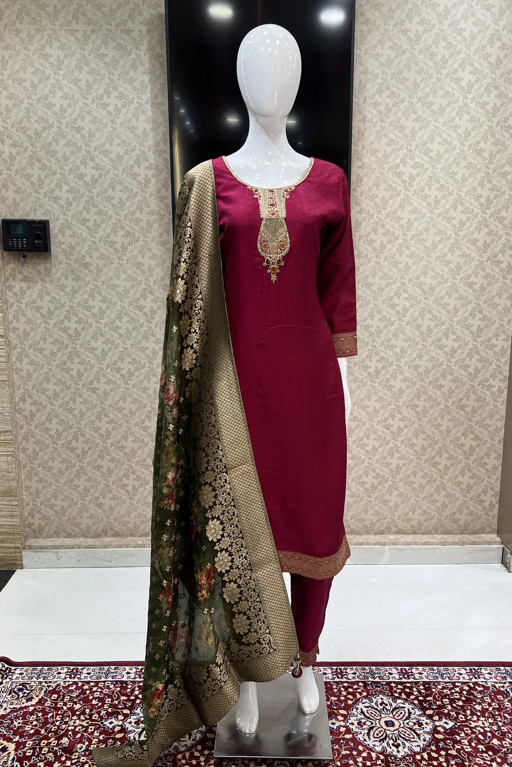 Maroon Banaras, Zardozi, Thread and Sequins work Straight Cut Salwar Suit