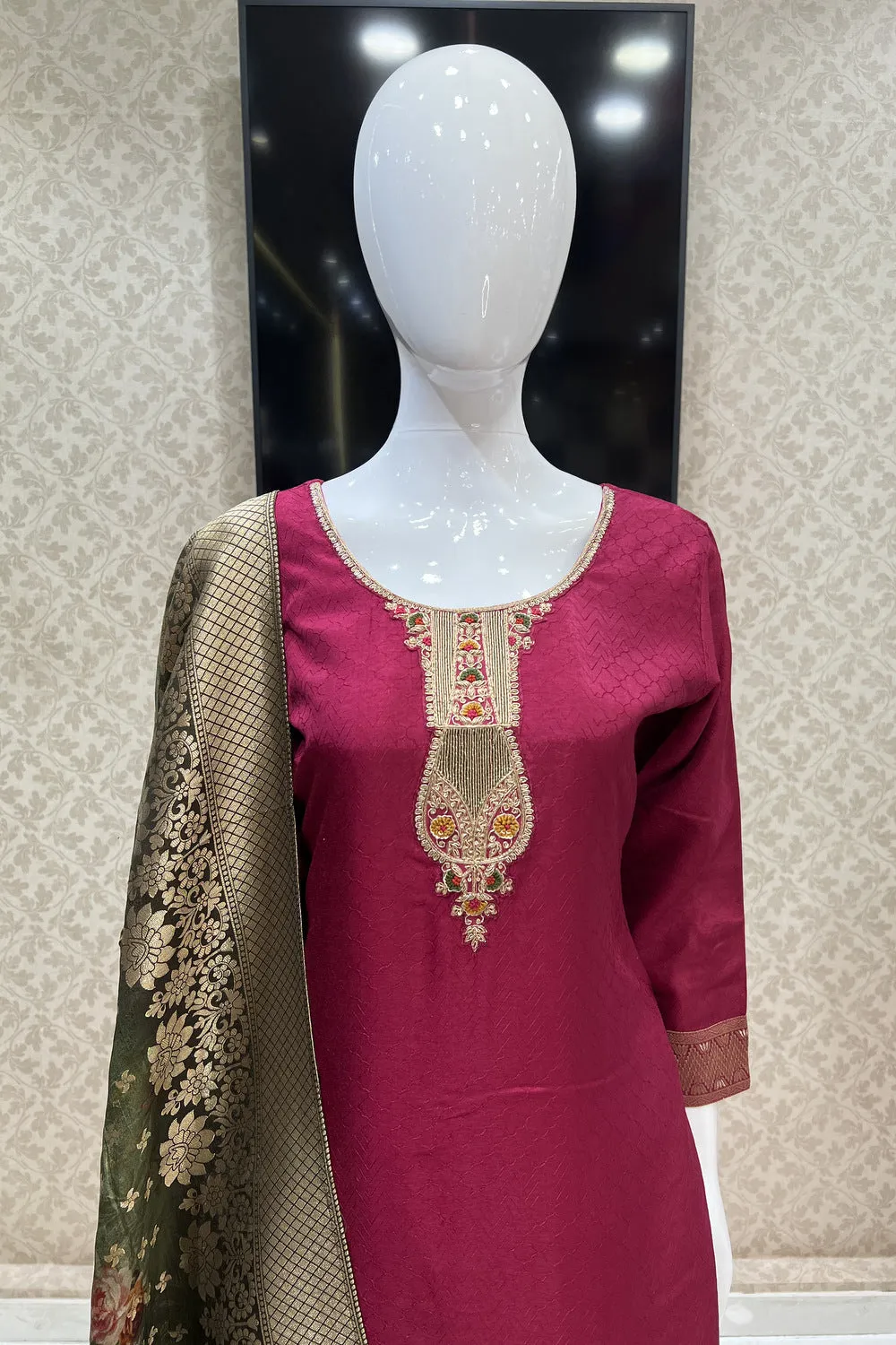 Maroon Banaras, Zardozi, Thread and Sequins work Straight Cut Salwar Suit