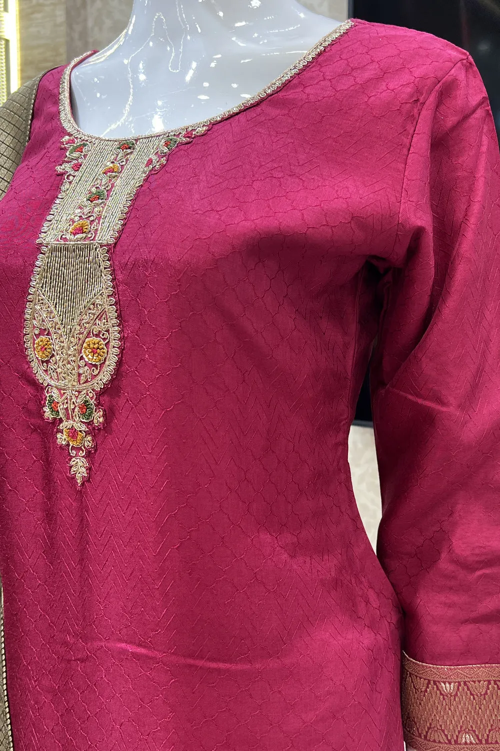 Maroon Banaras, Zardozi, Thread and Sequins work Straight Cut Salwar Suit