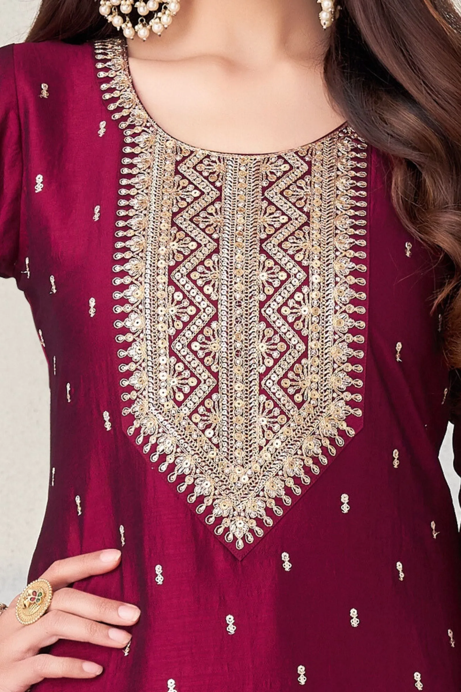 Maroon Zari and Sequins work Straight Cut Salwar Suit