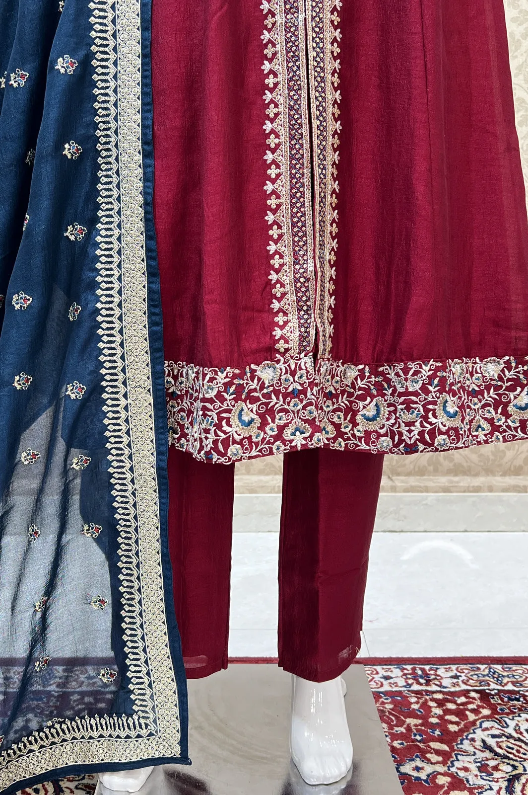 Maroon Zari Thread and Sequins work Anarkali Style Salwar Suit