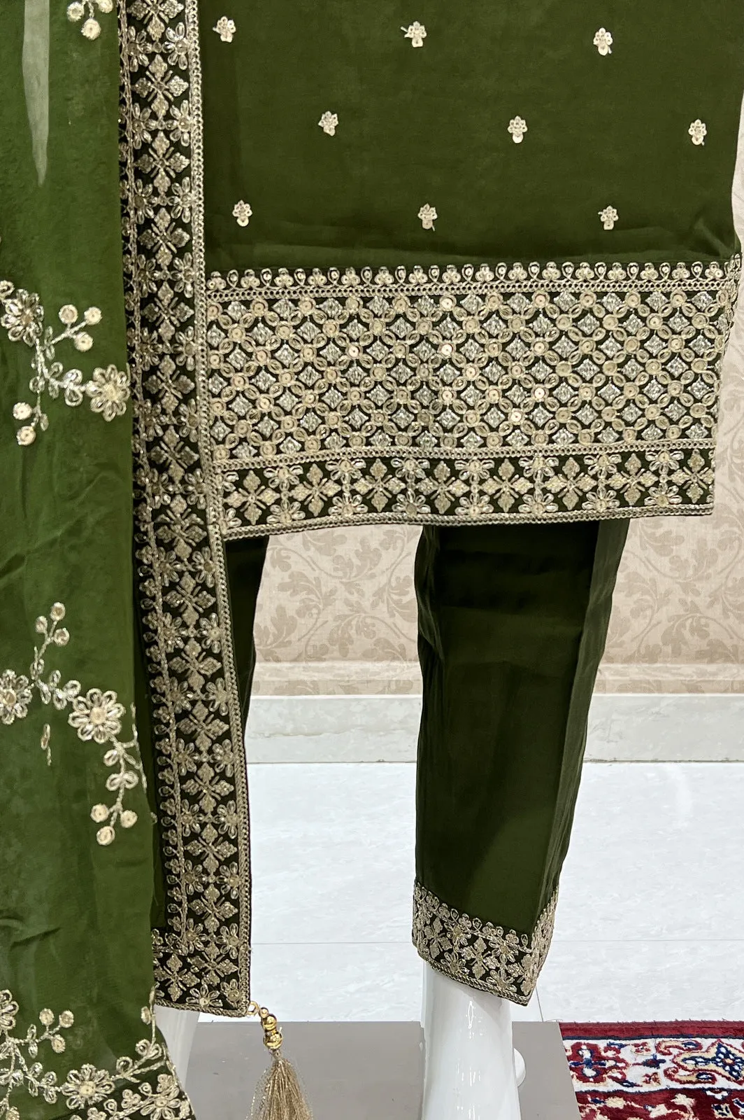 Mehendi Green Sequins and Zari work Straight Cut Salwar Suit