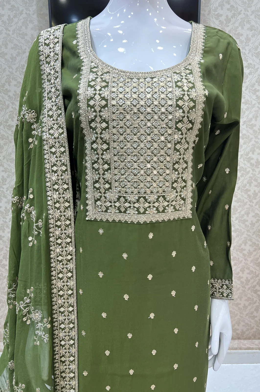 Mehendi Green Sequins and Zari work Straight Cut Salwar Suit