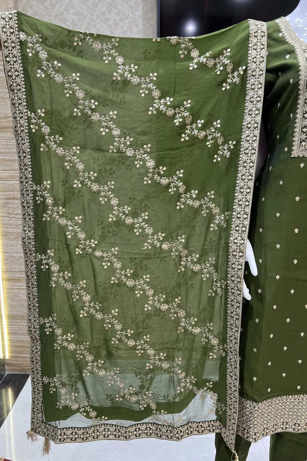 Mehendi Green Sequins and Zari work Straight Cut Salwar Suit