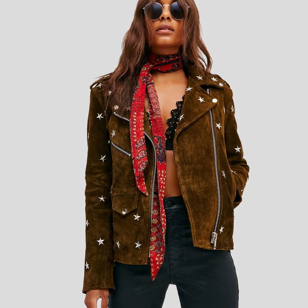 Melody Brown Studded Suede Leather Jacket