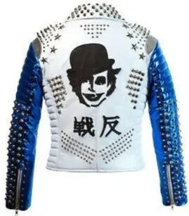 Men's White Blue Studded Leather Stylish Fashion Jacket