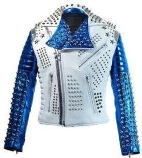 Men's White Blue Studded Leather Stylish Fashion Jacket