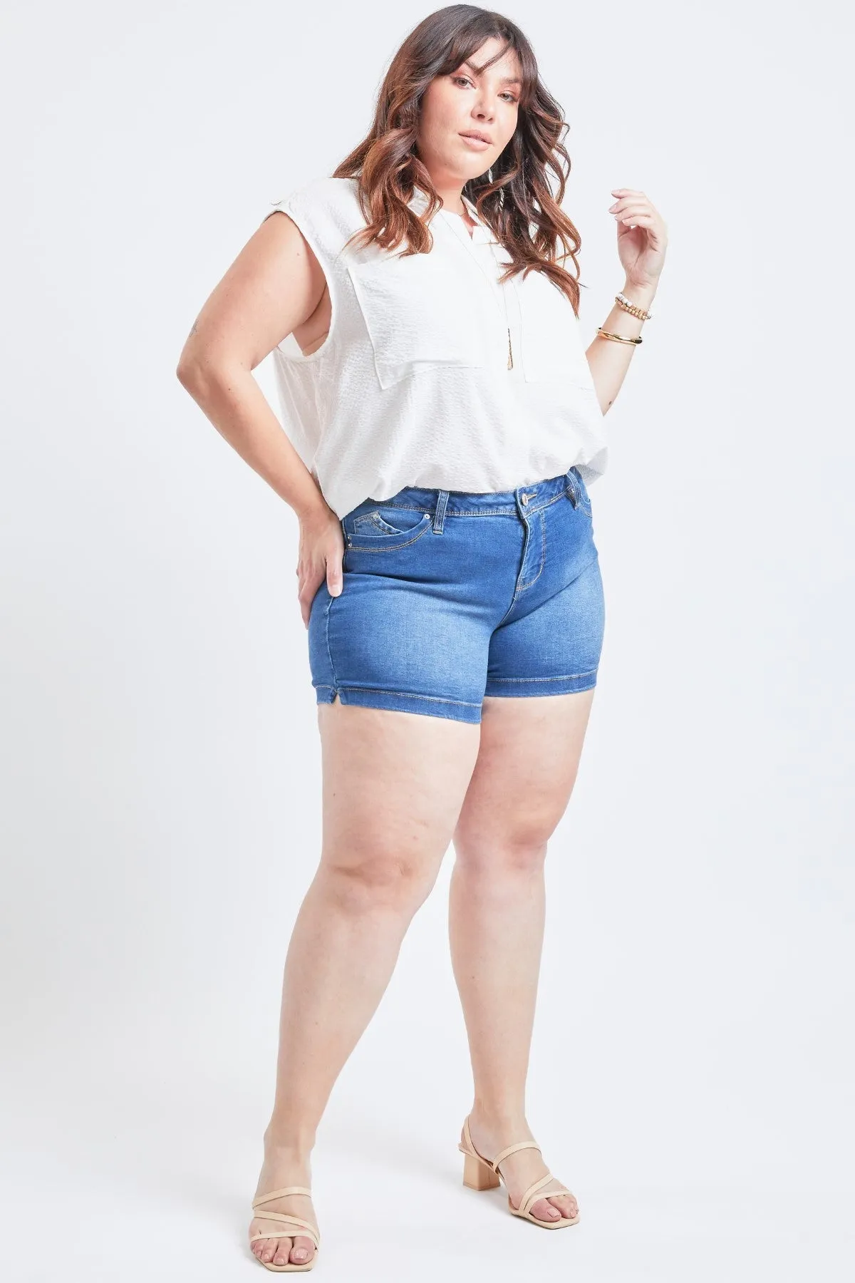 Missy Plus Size Wannabettabutt 1-Button Side Slit Hem Shorts Made With Recycled Fibers, Pack Of 12