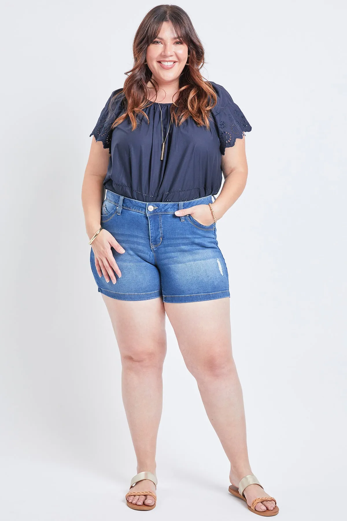 Missy Plus Size Wannabettabutt 1-Button Side Slit Hem Shorts Made With Recycled Fibers, Pack Of 12