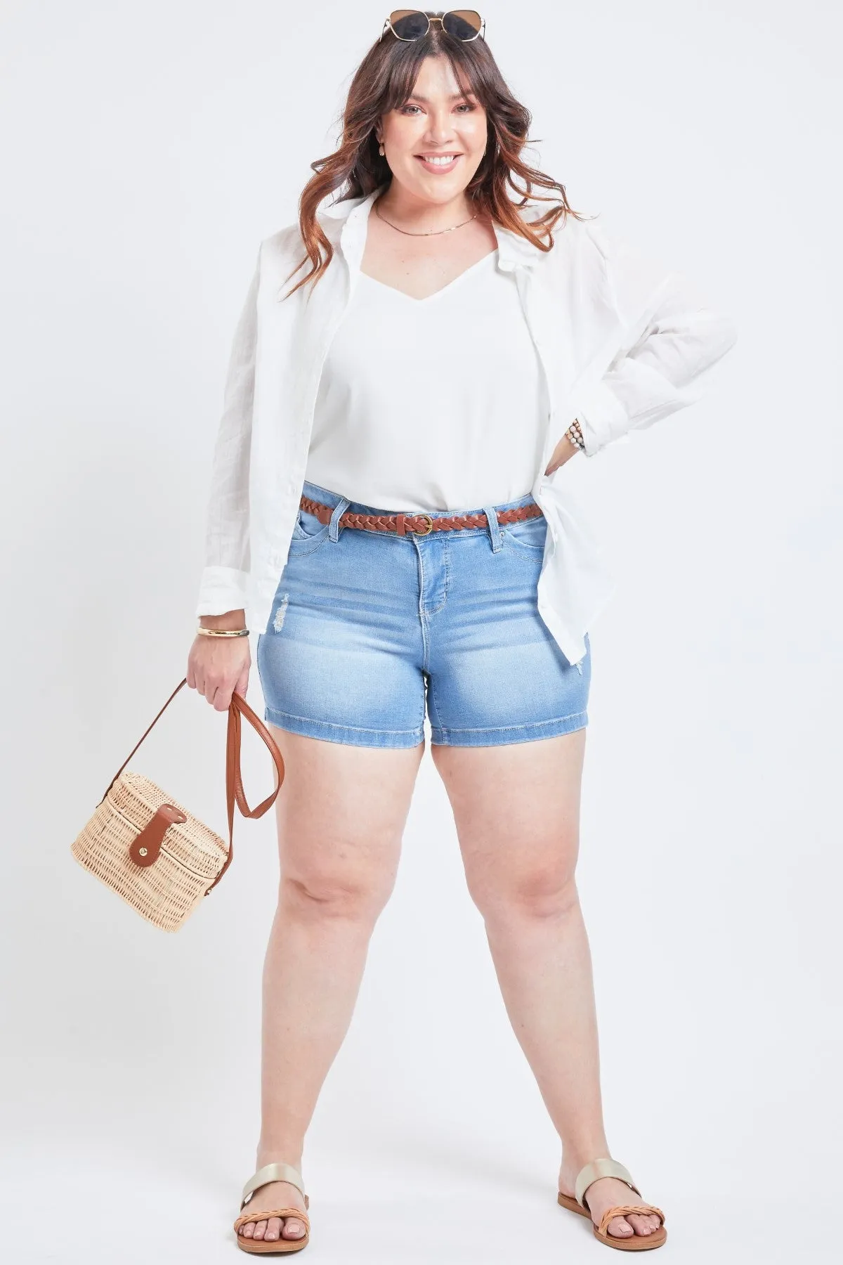 Missy Plus Size Wannabettabutt 1-Button Side Slit Hem Shorts Made With Recycled Fibers, Pack Of 12