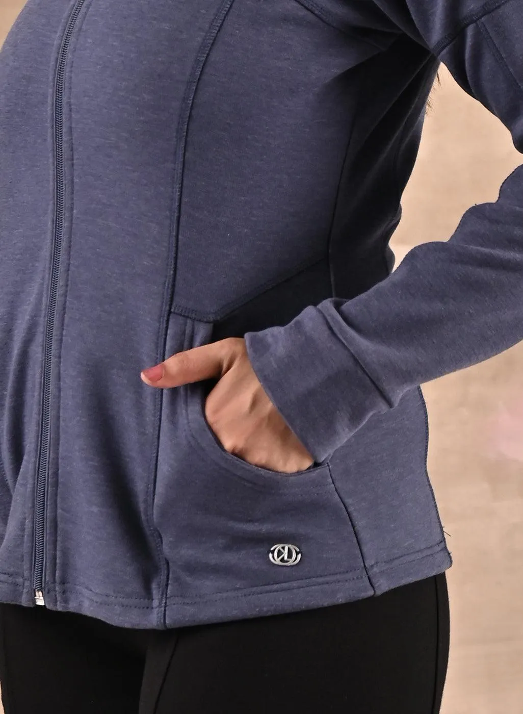 Navy High-Neck Zip-Up Casual Fleece Jacket