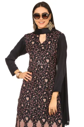 Pashtush Embroidery Suit, With Self Stole (Unstitched) - Midnight Blue