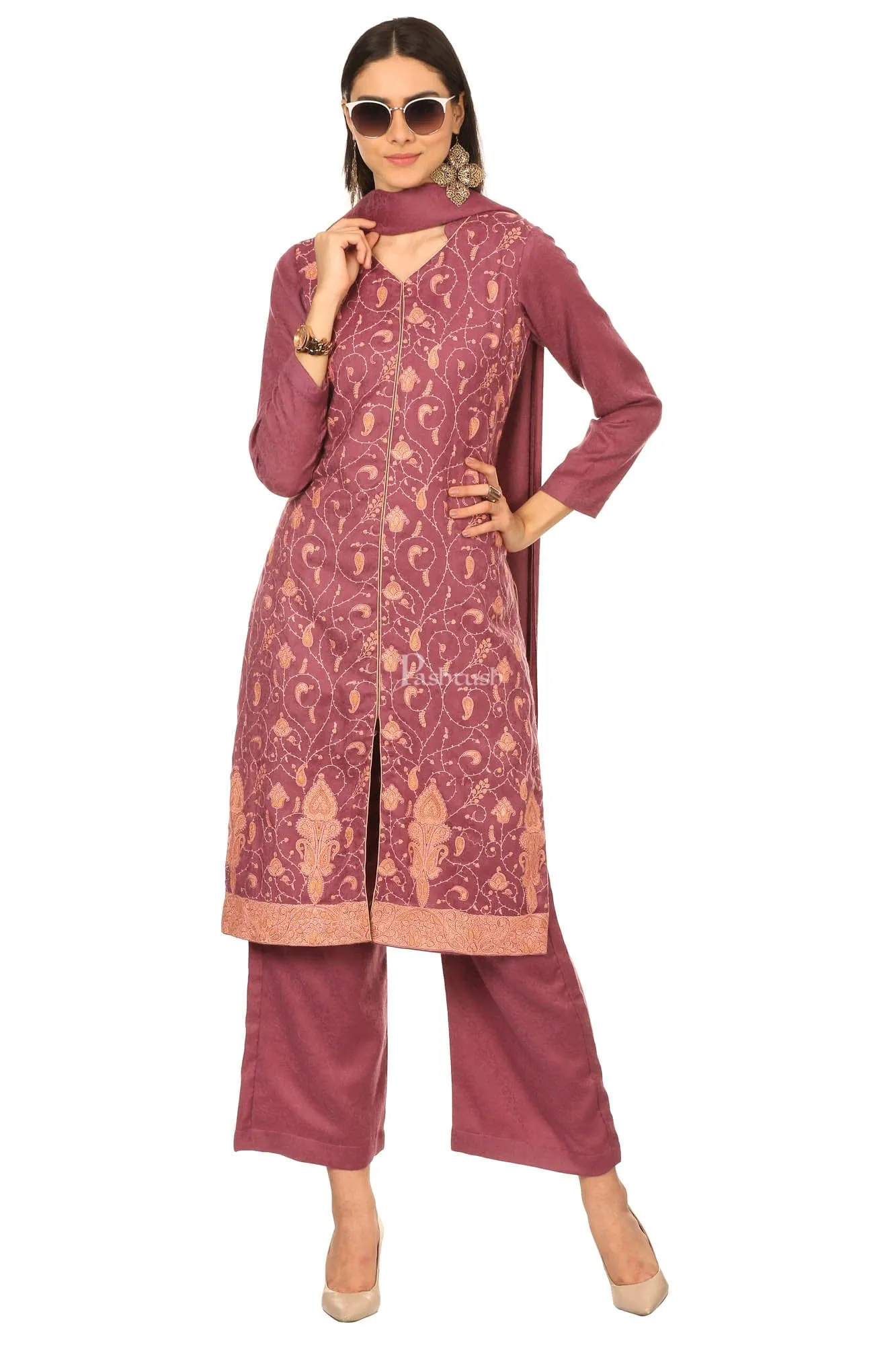 Pashtush Embroidery Suit, With Self Stole (Unstitched) - Peel Lilac