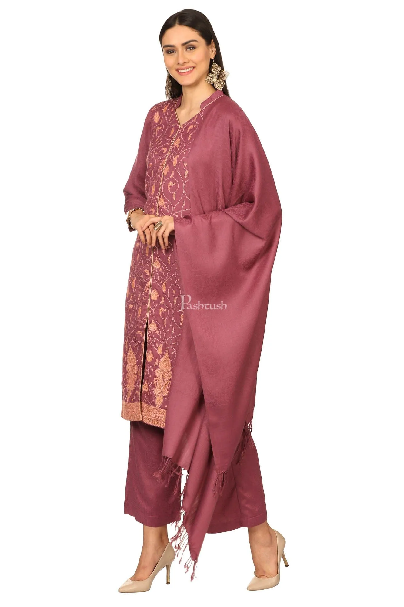 Pashtush Embroidery Suit, With Self Stole (Unstitched) - Peel Lilac