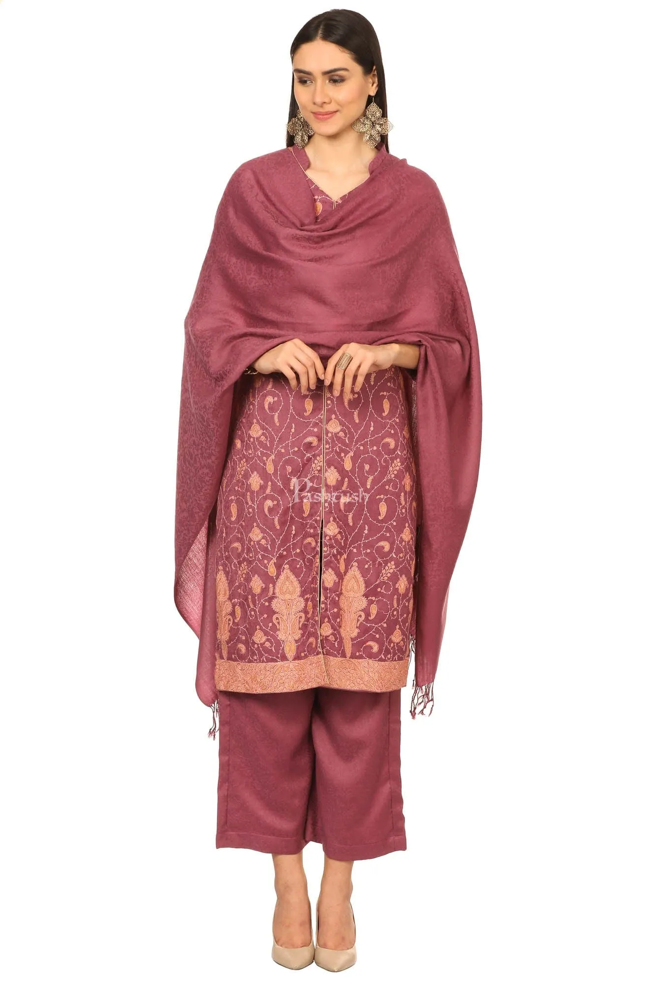 Pashtush Embroidery Suit, With Self Stole (Unstitched) - Peel Lilac