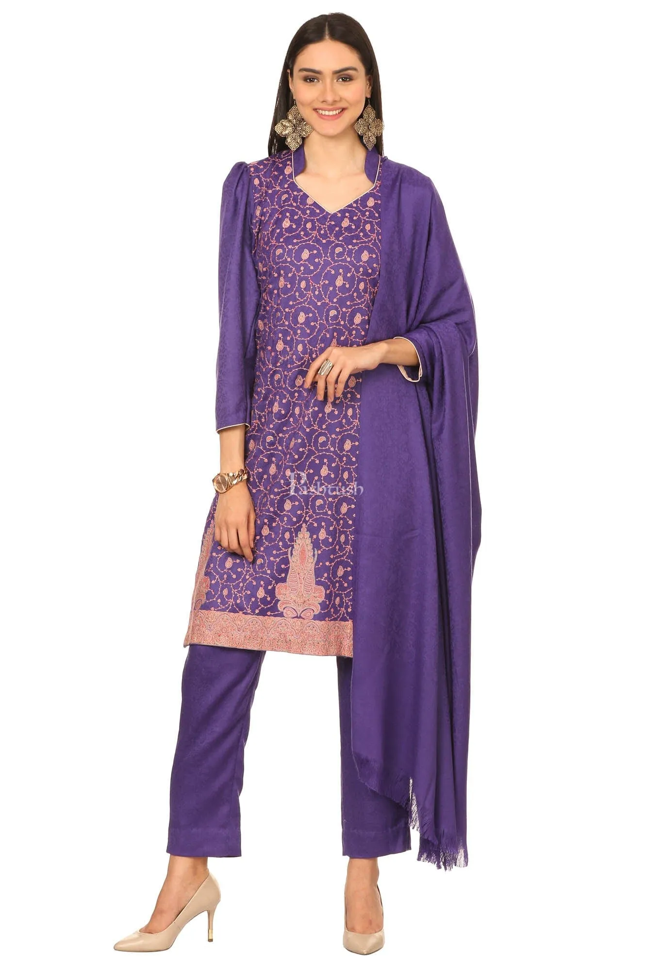 Pashtush Embroidery Suit, With Self Stole (Unstitched) - Purple