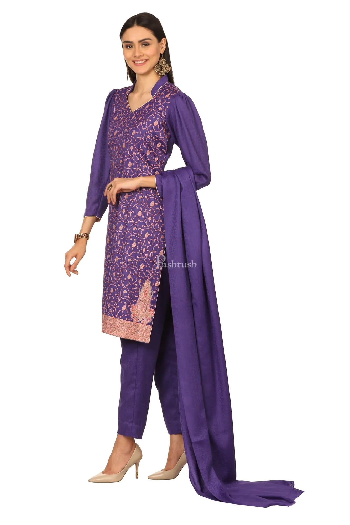 Pashtush Embroidery Suit, With Self Stole (Unstitched) - Purple