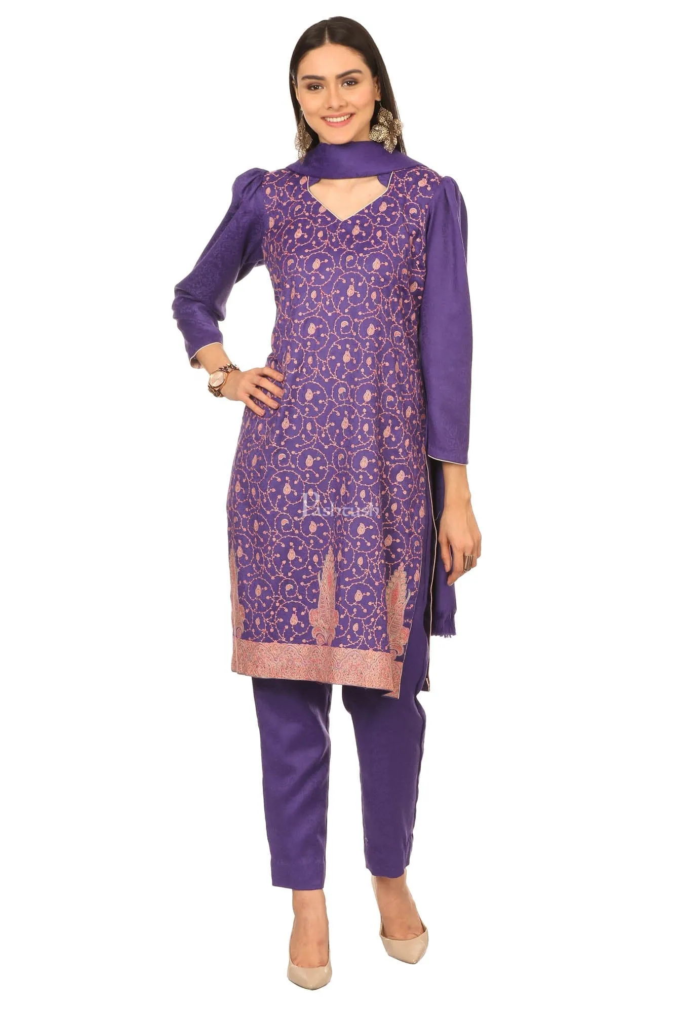 Pashtush Embroidery Suit, With Self Stole (Unstitched) - Purple