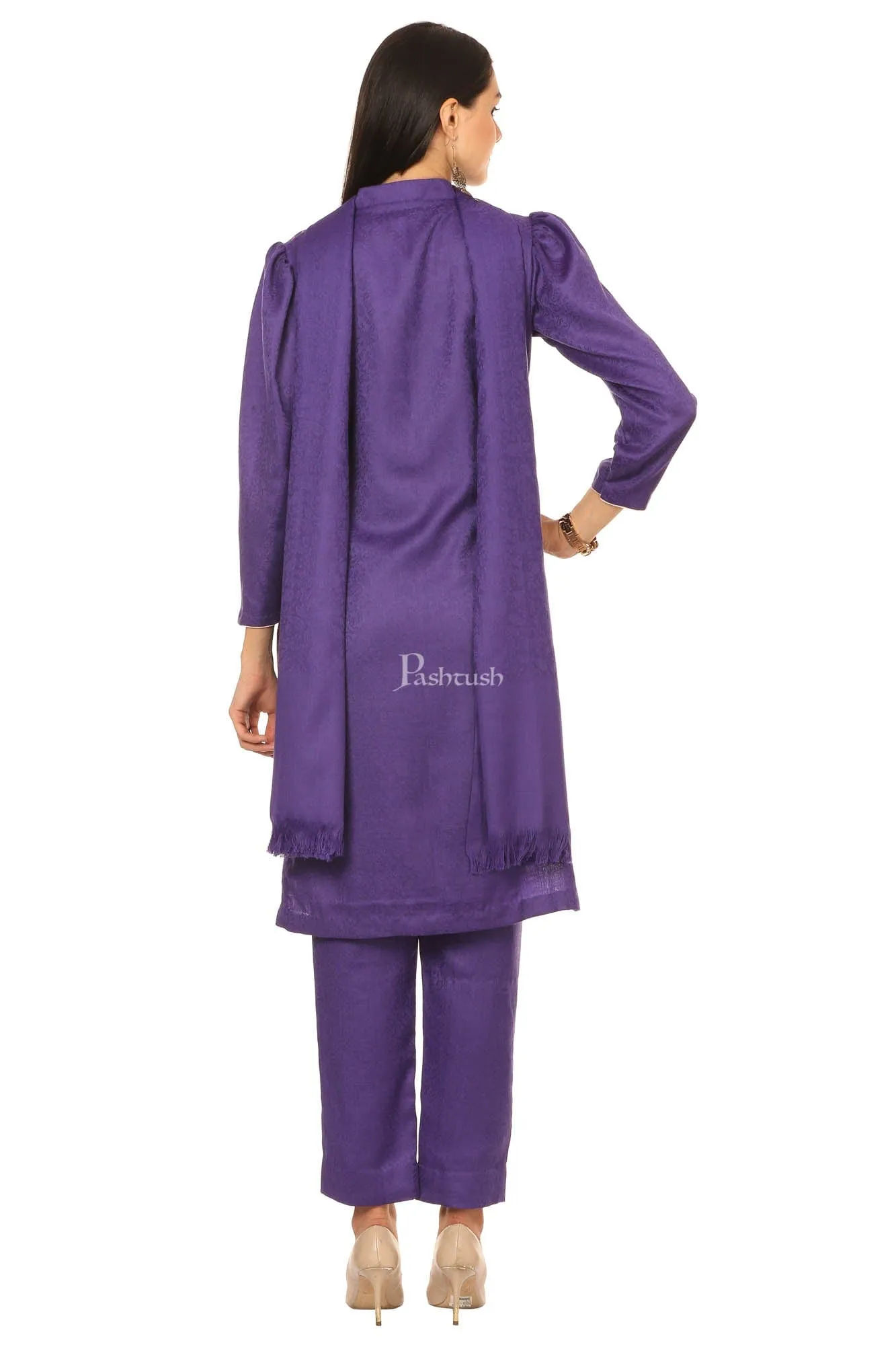 Pashtush Embroidery Suit, With Self Stole (Unstitched) - Purple