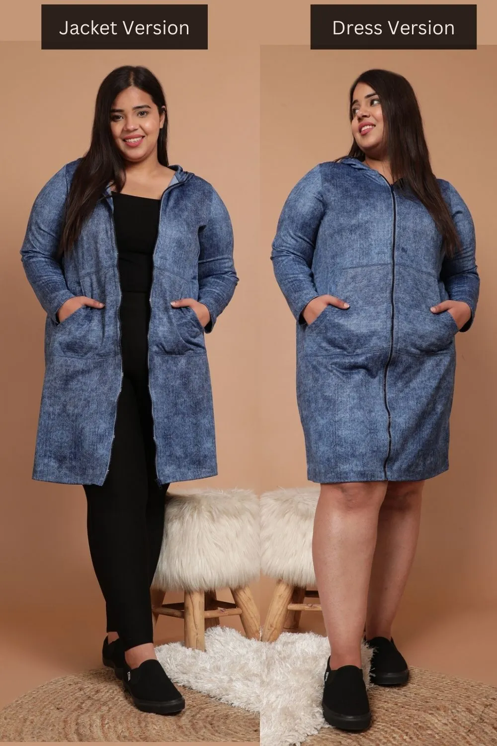 Plus Size Cold Denim Wash Printed Jacket Dress