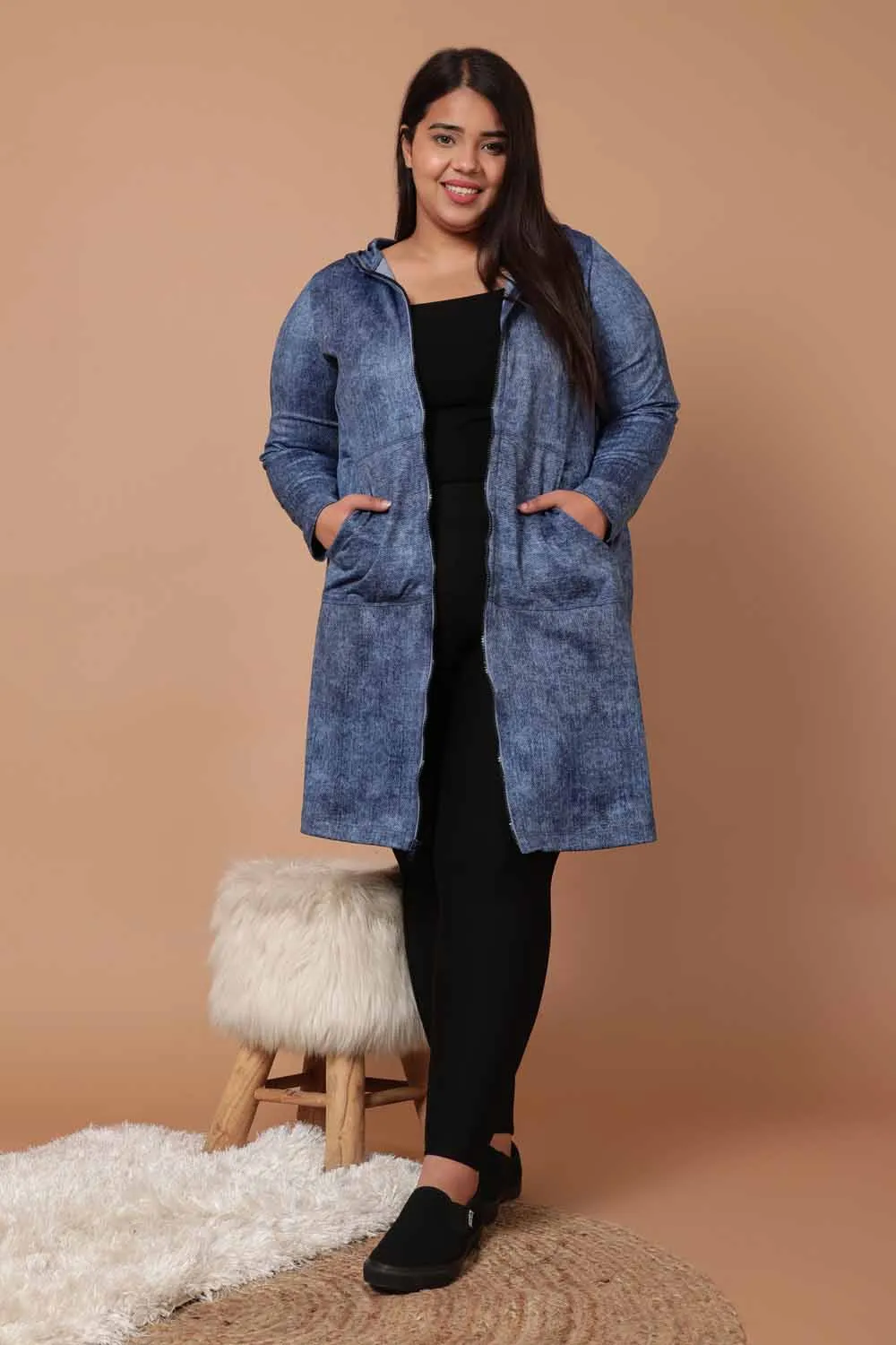 Plus Size Cold Denim Wash Printed Jacket Dress