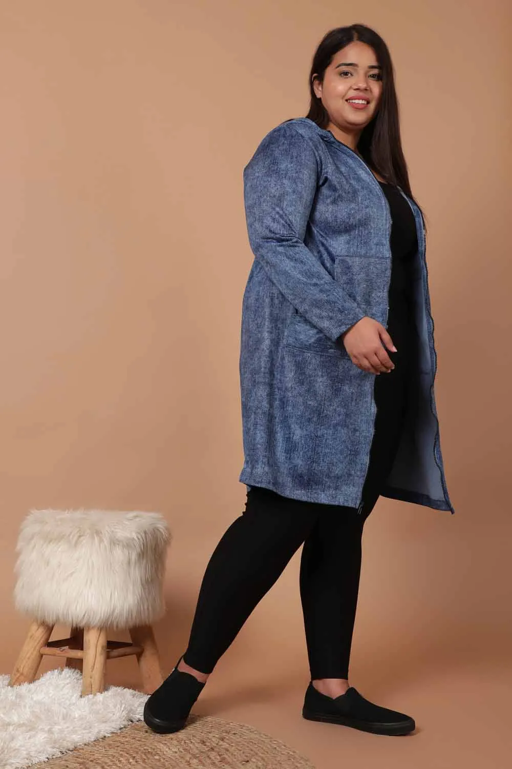 Plus Size Cold Denim Wash Printed Jacket Dress