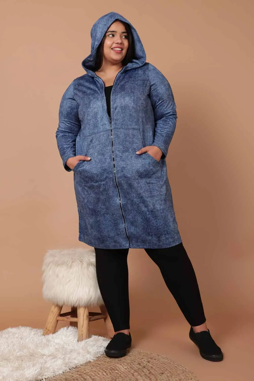 Plus Size Cold Denim Wash Printed Jacket Dress