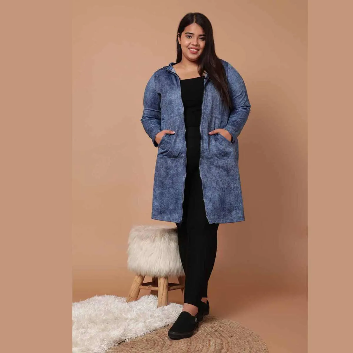 Plus Size Cold Denim Wash Printed Jacket Dress