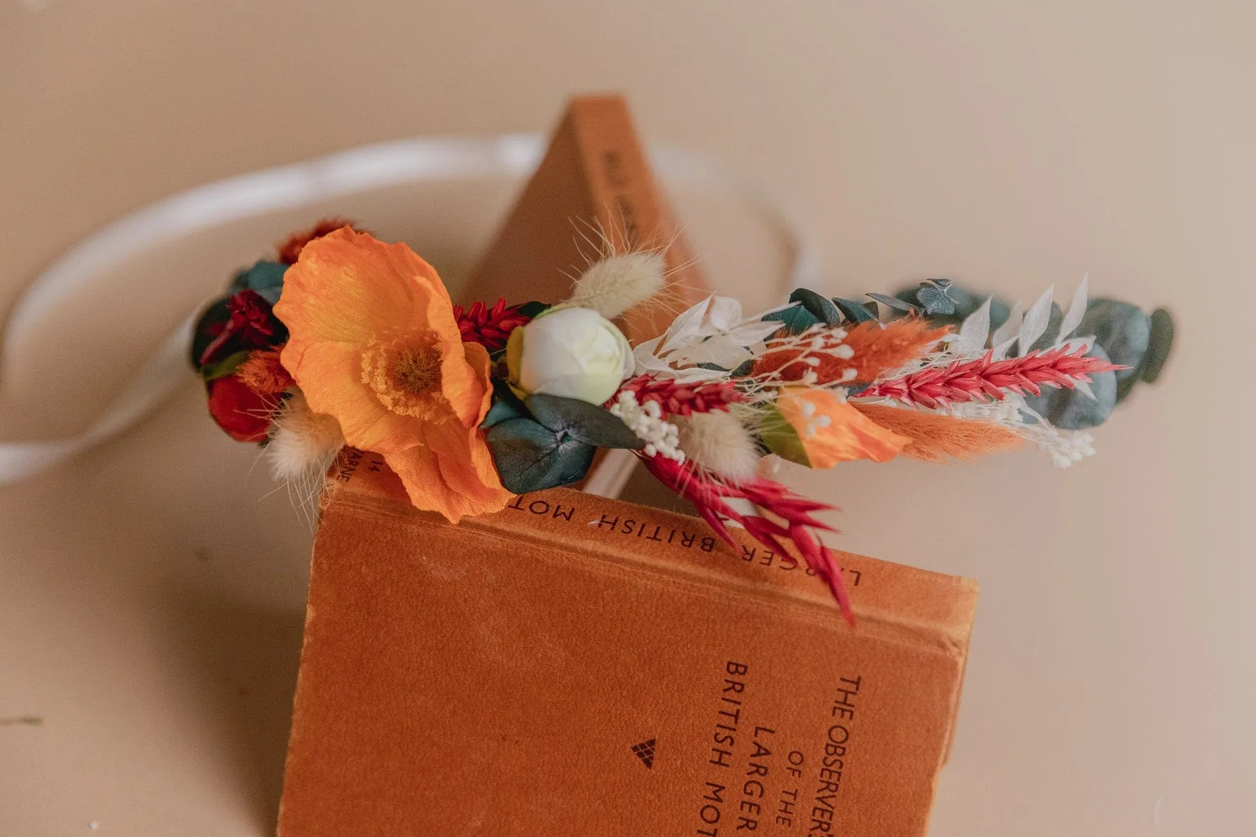 Preserved Eucalyptus Greenery Crown &  Orange Silk Poppy Flower Dried Flowers Boho Bridal Wedding Crown