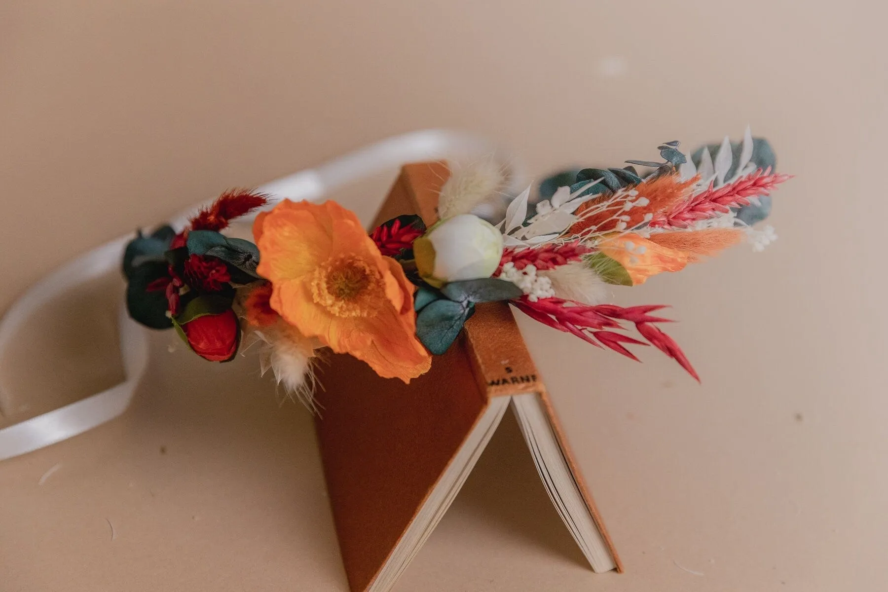 Preserved Eucalyptus Greenery Crown &  Orange Silk Poppy Flower Dried Flowers Boho Bridal Wedding Crown