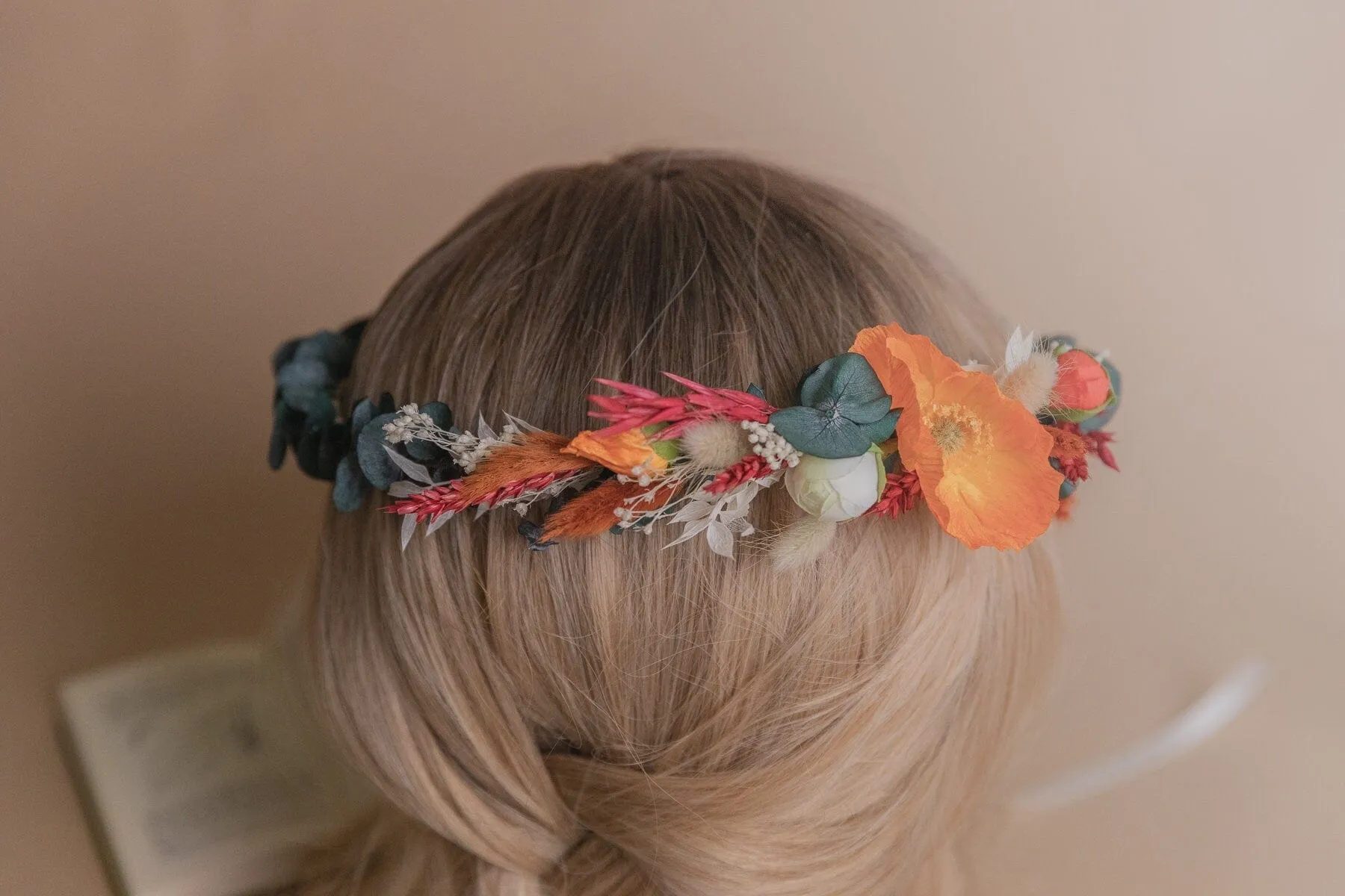 Preserved Eucalyptus Greenery Crown &  Orange Silk Poppy Flower Dried Flowers Boho Bridal Wedding Crown