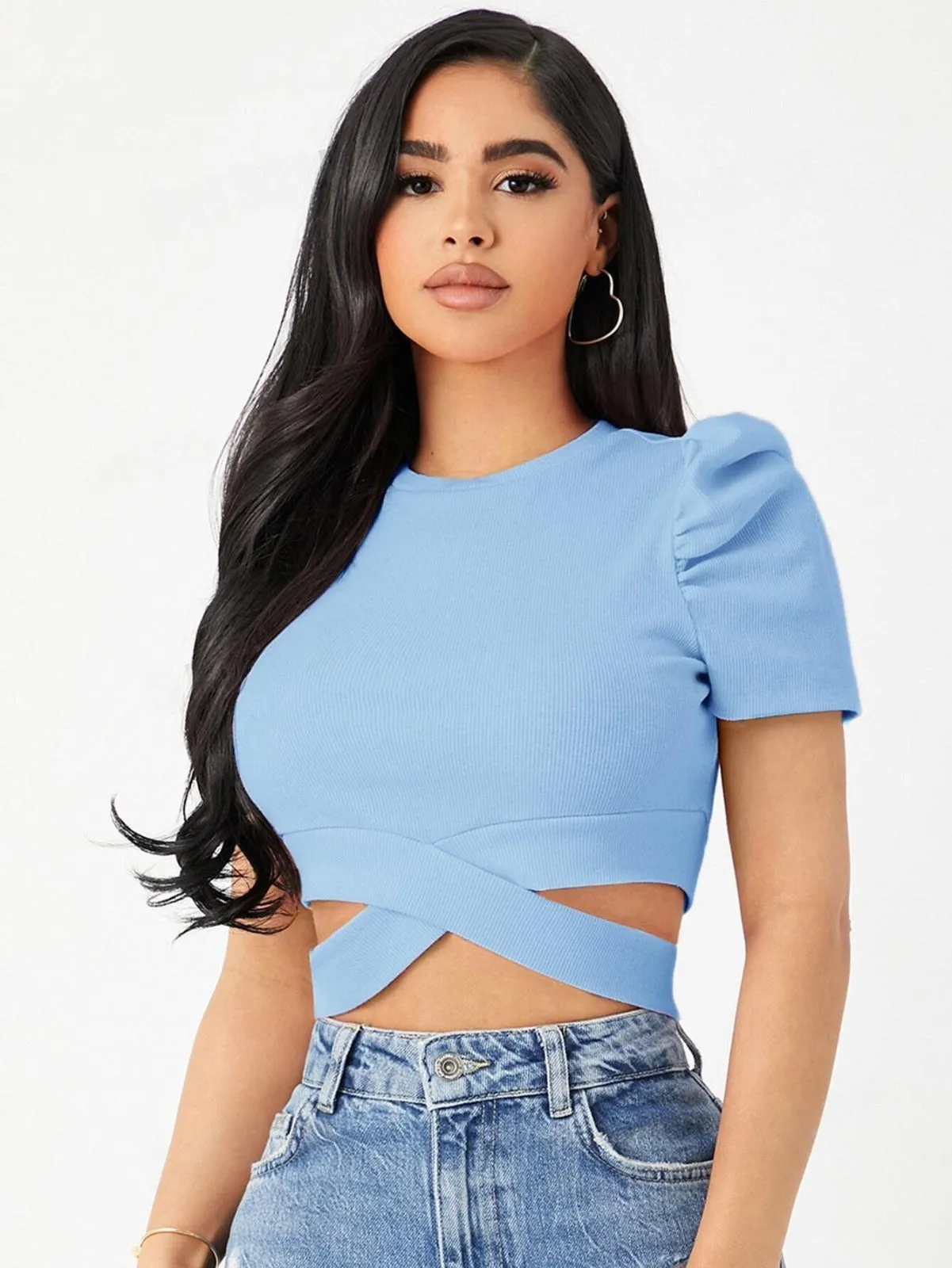 PUFF SLEEVE CRISSCROSS HEM CROP TEE