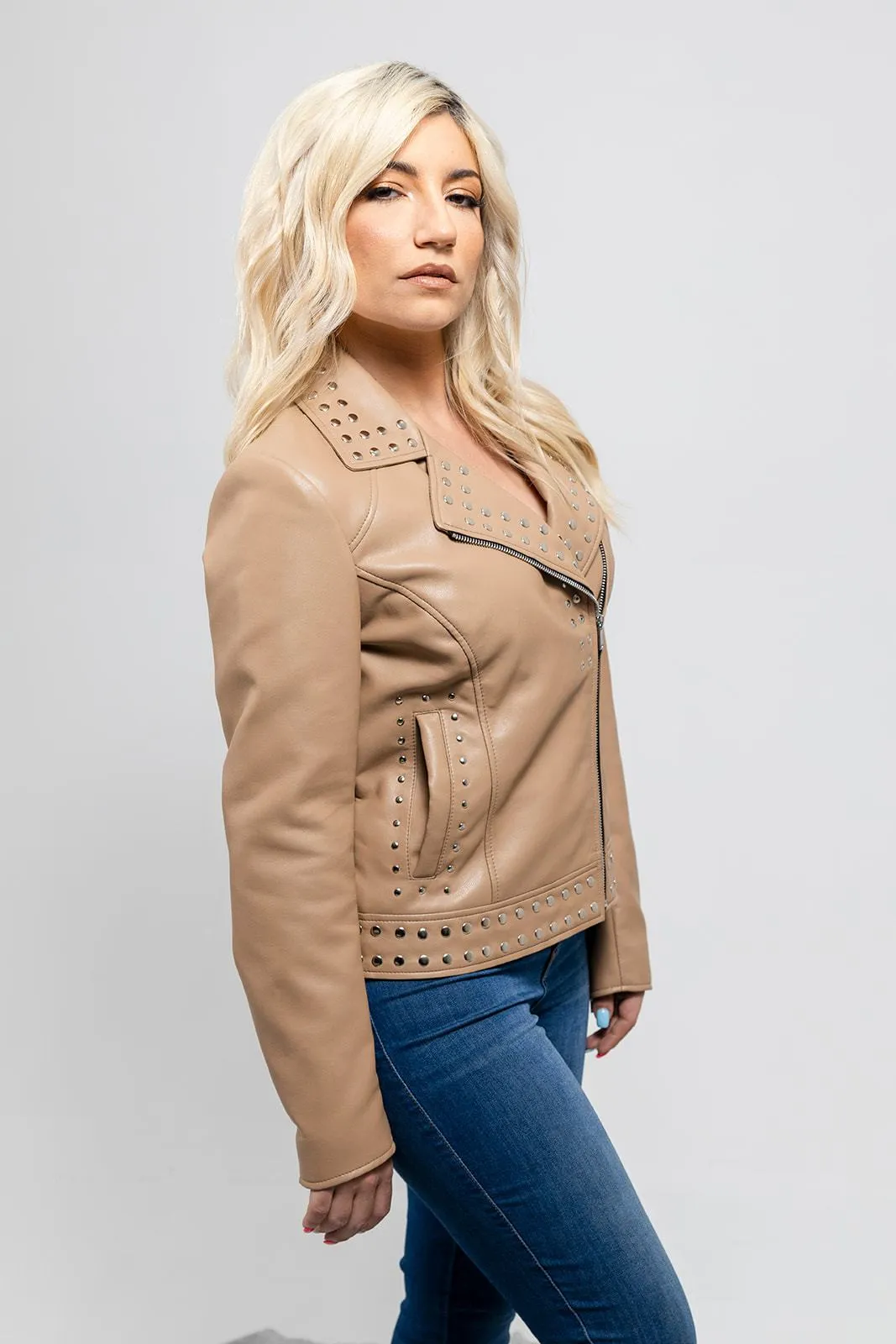 Sandy Women's Vegan Faux Leather Jacket (Beige)