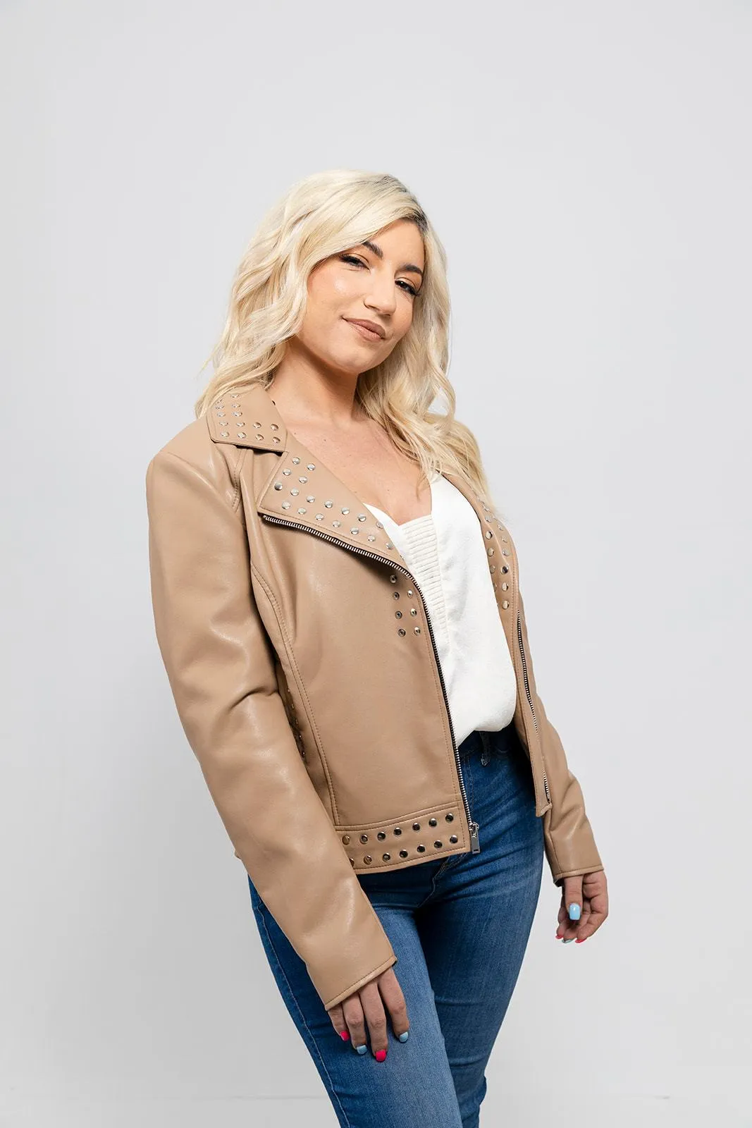 Sandy Women's Vegan Faux Leather Jacket (Beige)