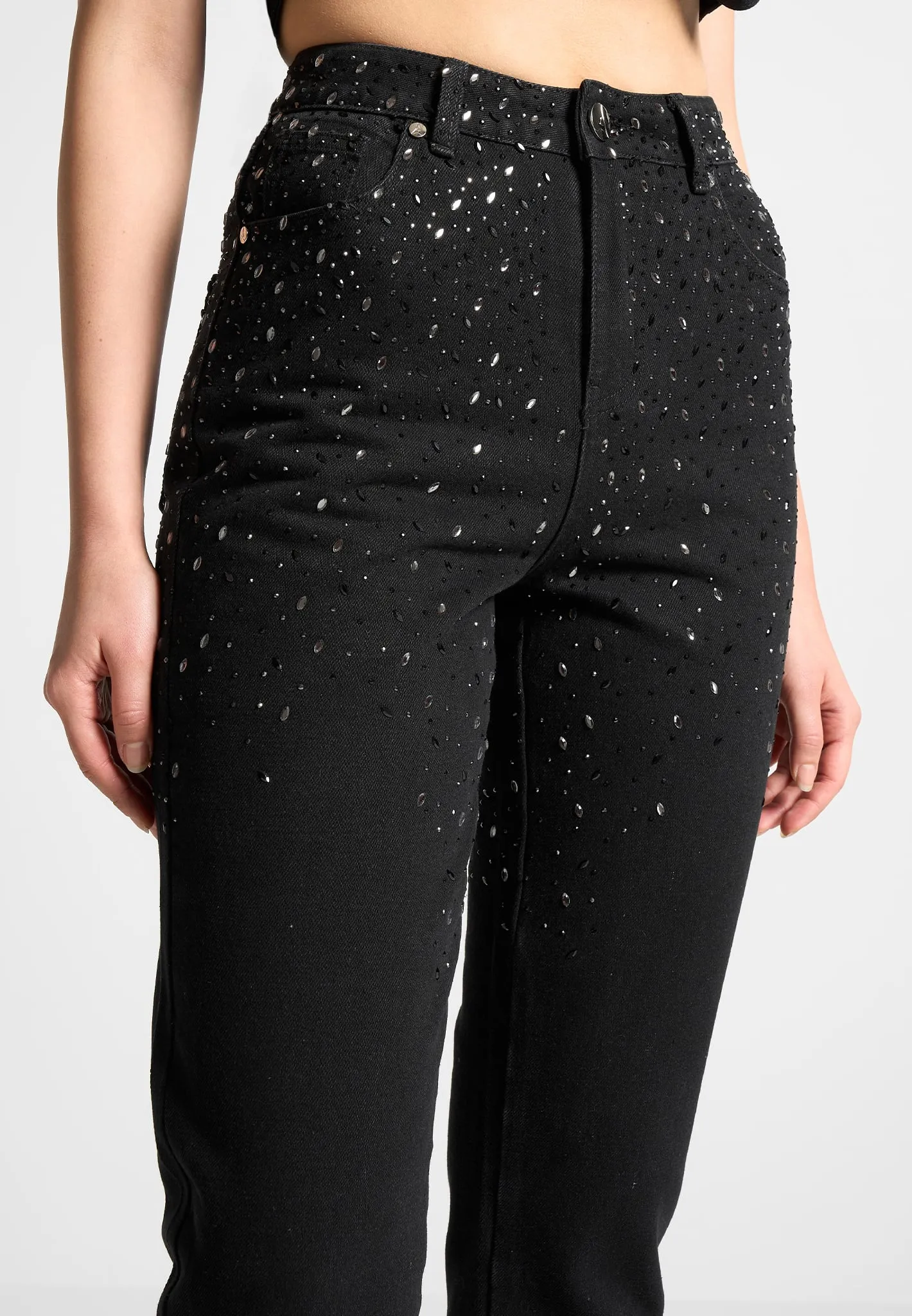 Scattered Rhinestone Mini Flare Jeans