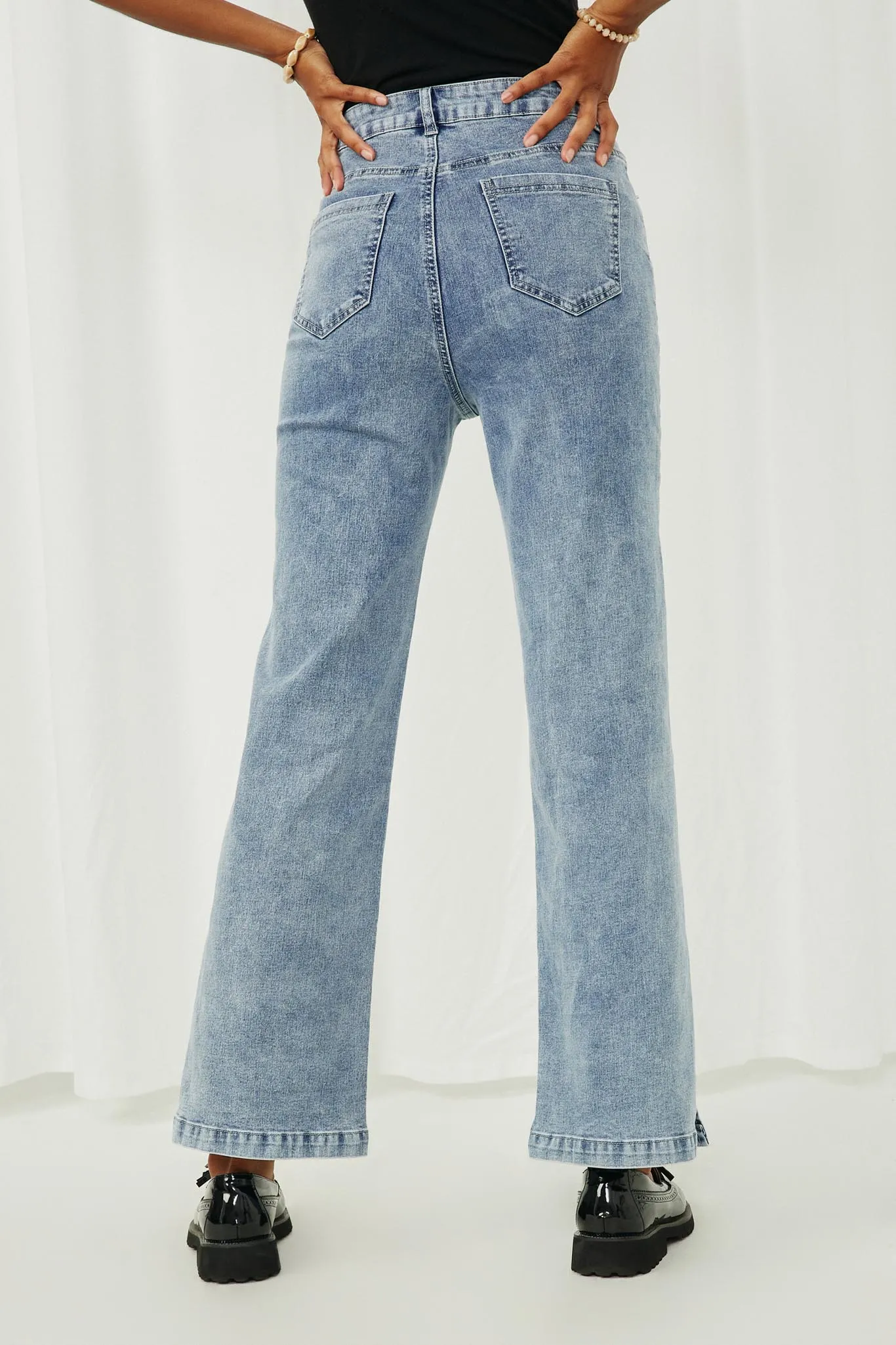 Side Slit Distressed Bootcut Stretch Denim