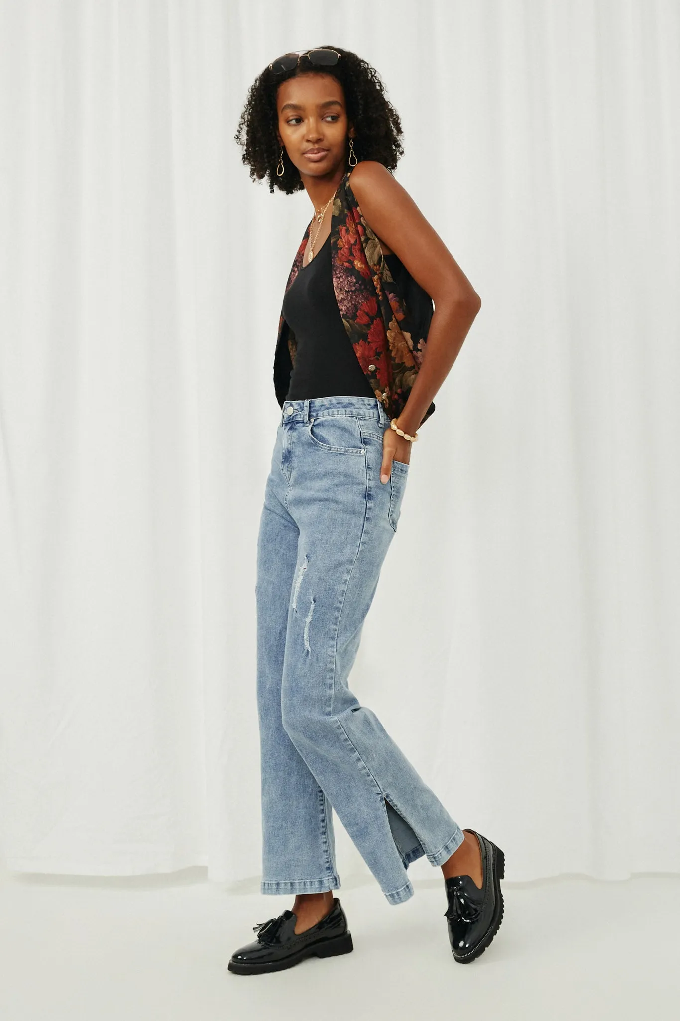 Side Slit Distressed Bootcut Stretch Denim