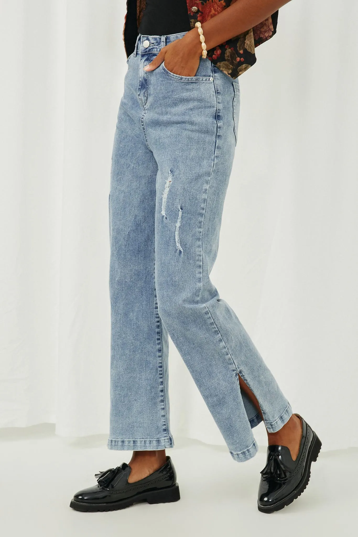 Side Slit Distressed Bootcut Stretch Denim