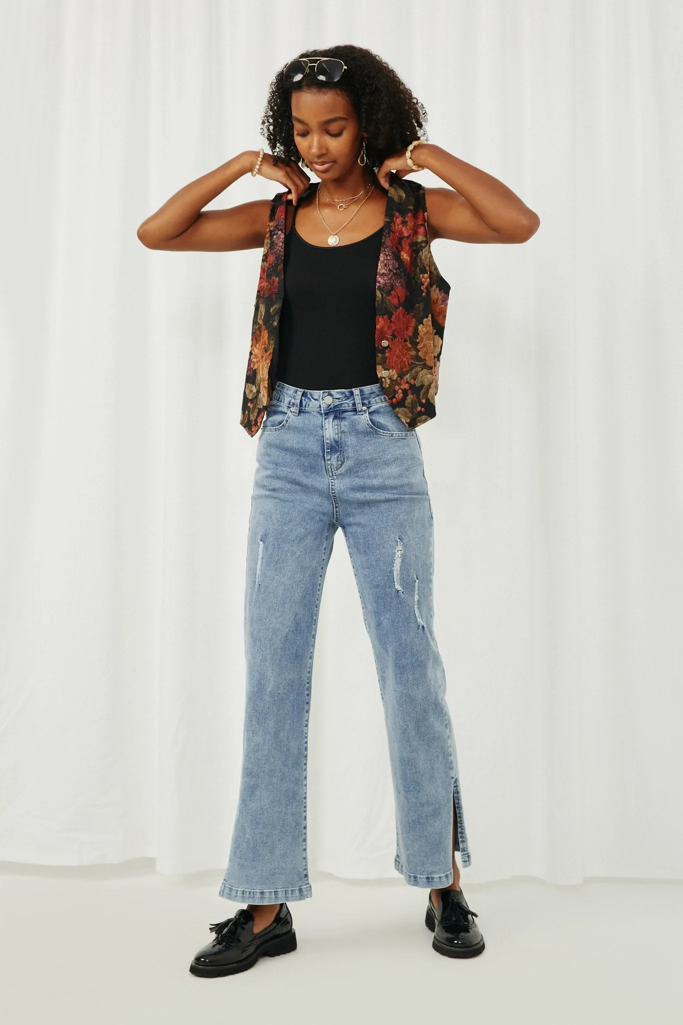 Side Slit Distressed Bootcut Stretch Denim