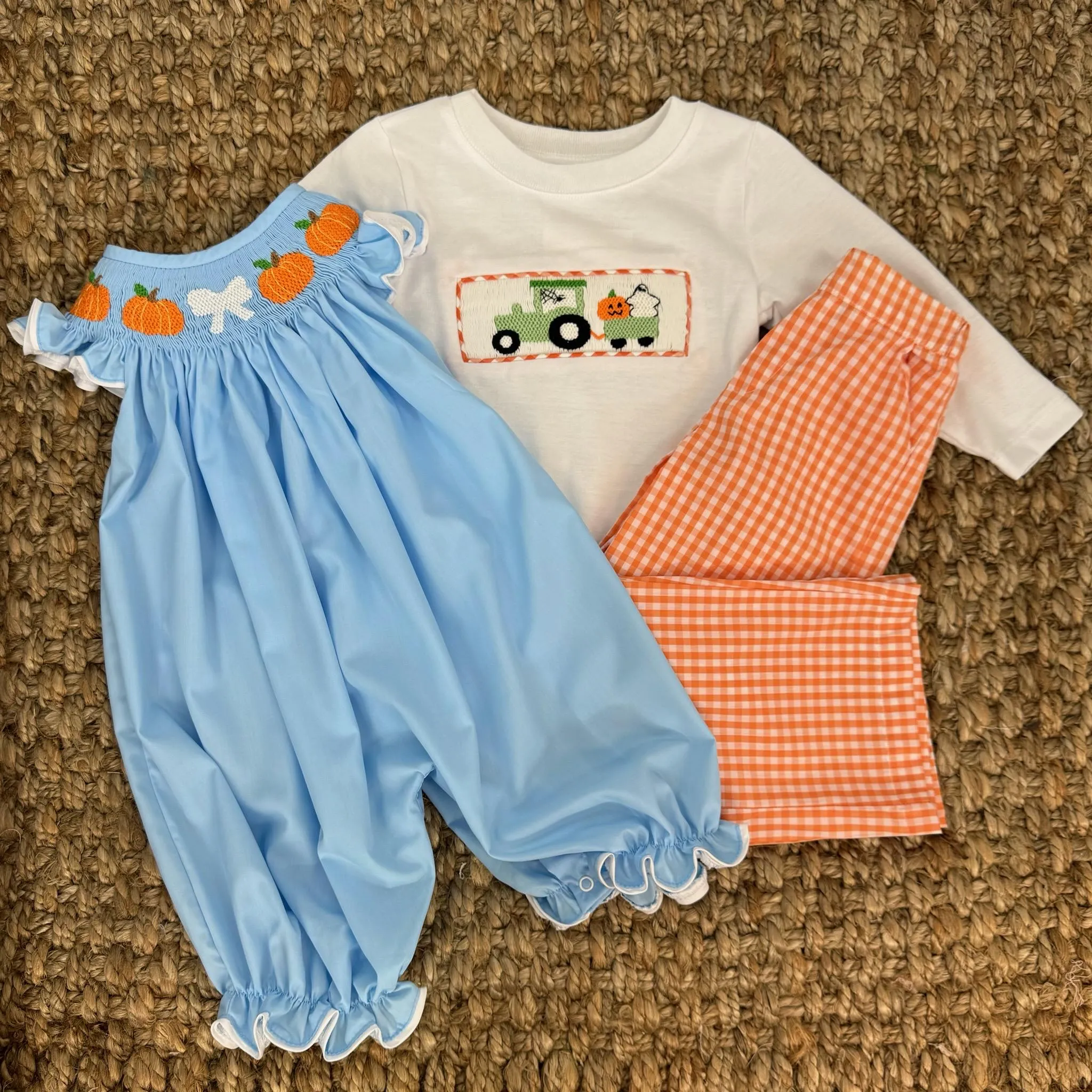 Smocked Pumpkin Bubble with Bow and Ruffle Sleeves